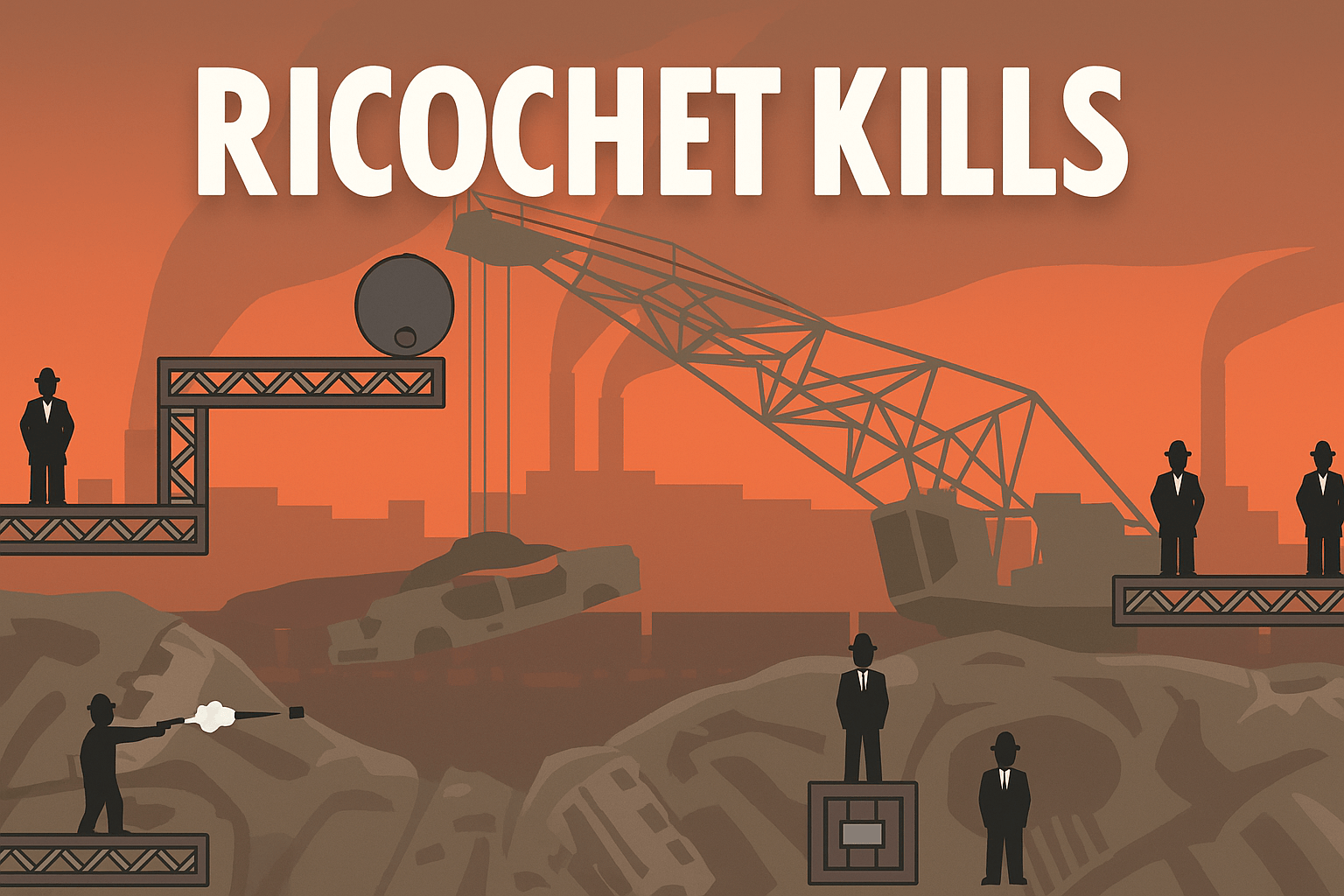 A stickman character aiming a pistol in a level of Ricochet Kills, with a trajectory line showing a planned ricochet shot.