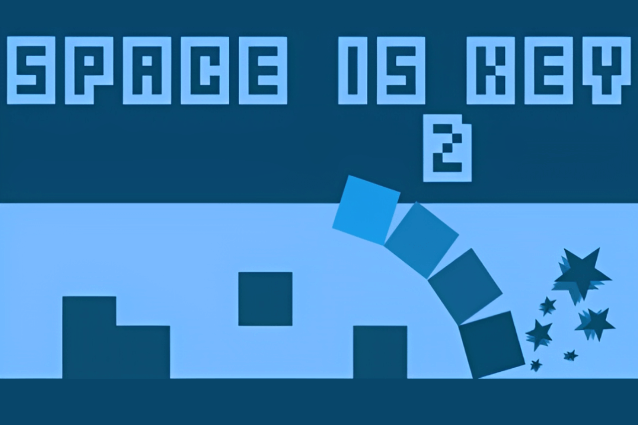 A minimalist black square jumping over a white block obstacle in the game Space is Key.