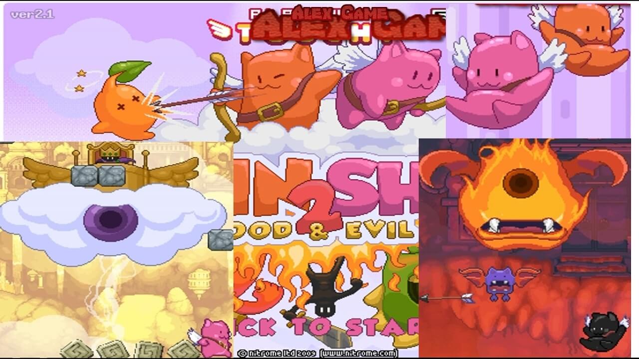 Two angel characters shooting arrows at colorful monsters in a vibrant, pixel-art level of Twin Shot.